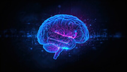 Futuristic glowing brain representing artificial intelligence and neural network technology with dynamic abstract circuit connections and innovation