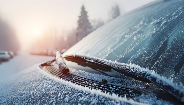 Fototapeta Frozen windshield with snow on a vehicle. Frosted wipers and washer nozzles. Ice-covered automobile surfaces