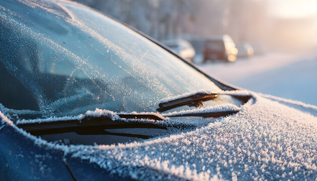 Frozen windshield with snow on a vehicle. Frosted wipers and washer nozzles. Ice-covered automobile surfaces
