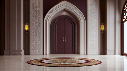 Obraz premium Majestic doorway with arched frame and intricate detailing. The scene is illuminated by sconces, creating an inviting and grand entrance. Circular rug adds a touch of elegance.