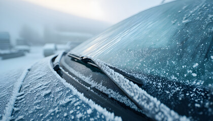 Frozen windshield with snow on a vehicle. Frosted wipers and washer nozzles. Ice-covered automobile surfaces