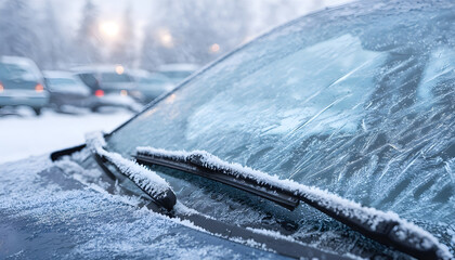 Frozen windshield with snow on a vehicle. Frosted wipers and washer nozzles. Ice-covered automobile surfaces