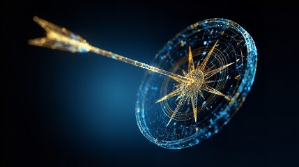 Precision Target: Golden Arrow Hitting Center of Digital Target on Dark Blue Background