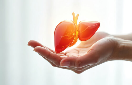 Hand gently holds illuminated liver. Concept of organ donation charity, health. Anatomy illustration depicts healthy human liver for medical awareness. Medical background with copy space is present.