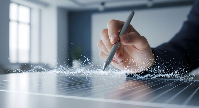 Professional hand uses digital stylus to interact with glowing data stream over modern grid surface, symbolizing innovation and future technology - Powered by Adobe