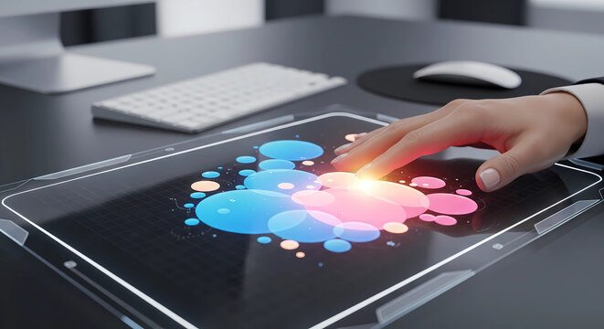 Professional interacting with vibrant futuristic data visualization on a transparent touchscreen device, showcasing innovation and technology.