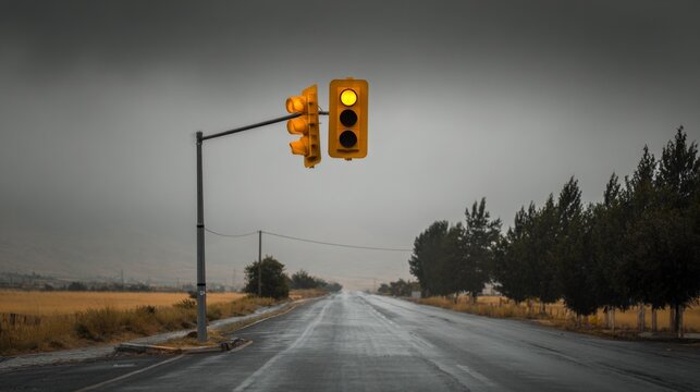 Yellow traffic light signaling caution on empty road with overcast sky, emphasizing solitude and weather conditions in a rural landscape