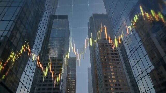 Dynamic financial charts overlayed on modern city skyscrapers at dusk - Powered by Adobe