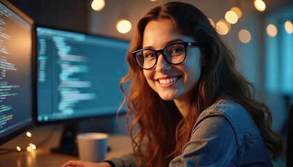 Young woman programmer smiles wearing glasses working on computer code on dual monitors. Happy coder types on keyboard, focused on project at desk in modern office. Tech career success.