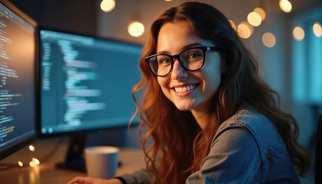 Young woman programmer smiles wearing glasses working on computer code on dual monitors. Happy coder types on keyboard, focused on project at desk in modern office. Tech career success.