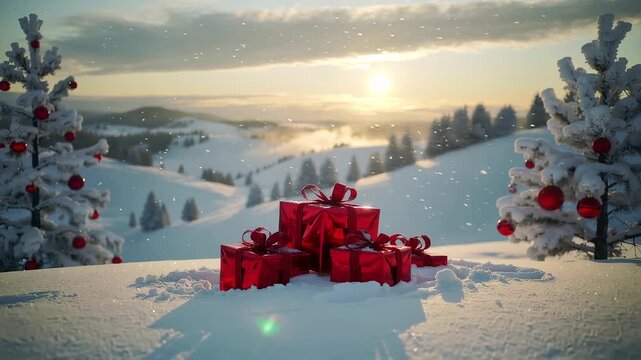 Magical Sunrise over Snow-Covered Forest and Gift Boxes