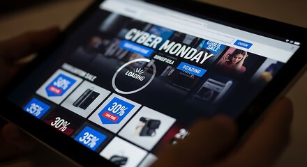 Tablet displaying cyber monday sale with offers and promotions online shopping