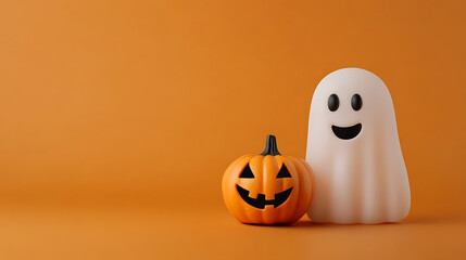 Festive Halloween scene features a smiling ghost and jack-o'-lantern on an orange background, ideal for seasonal cards, invitations, and decorations.🎃👻