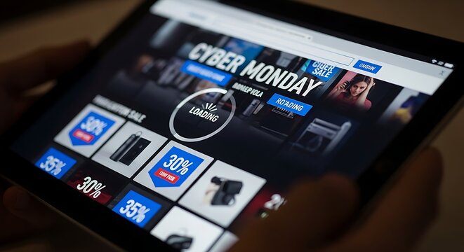 Tablet displaying cyber monday sale with offers and promotions online shopping