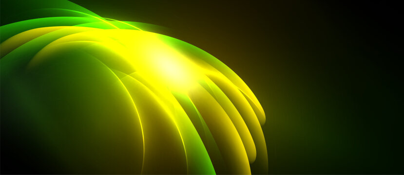 Abstract vibrant energy flow. Bright yellow center radiates outward, blending into green hues. Dark background emphasizes luminosity.