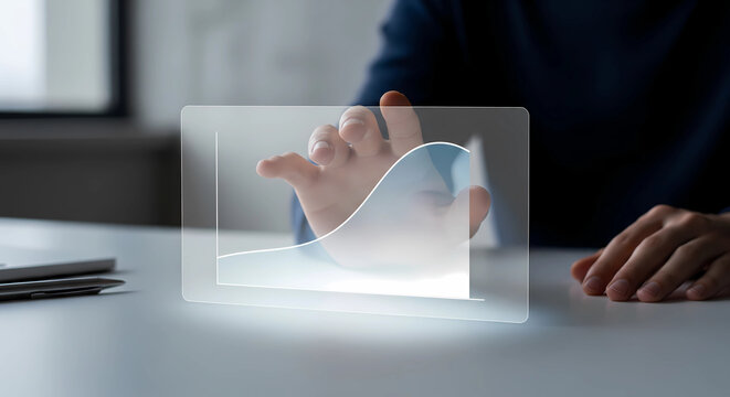 Professional analyzing futuristic data graph on transparent screen, visualizing growth and success for business strategy innovation.