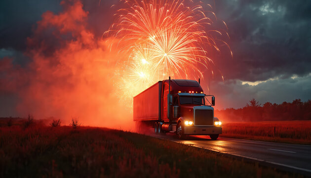 Red semi truck drives on country road under bright orange fireworks display. Dark clouds gather over rural landscape and forest edge. Celebration lights glow intensely.
