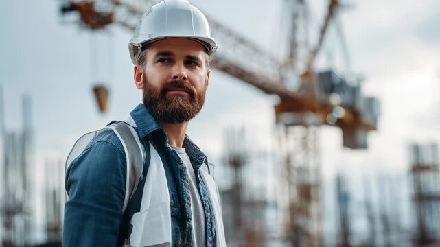 Engineer assesses construction site with cranes in background during late afternoon light in an urban setting