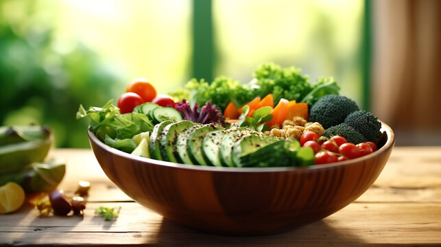 Fresh vibrant mixed salad bowl with avocado, tomatoes, broccoli, and greens on a rustic wooden table, healthy vegetarian meal.