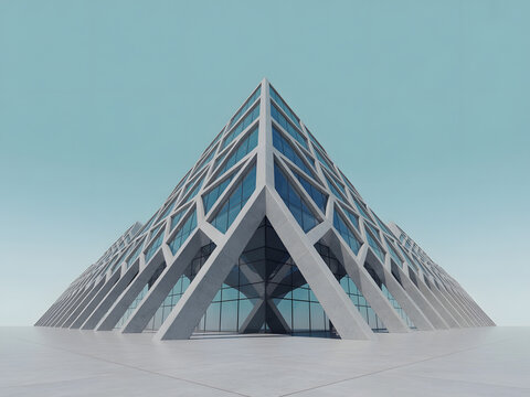 Modern Architectural Triangle Building with Glass Facade Minimalist Geometric Design Abstract Urban Structure Contemporary Architecture Futuristic