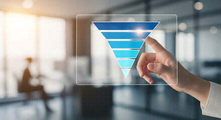 Professional hand interacting with modern sales funnel graphic on transparent screen, visualizing business growth and strategy in a dynamic office setting.