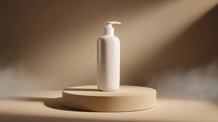 Elegant white pump bottle displayed on minimalist pedestal with soft lighting - Powered by Adobe