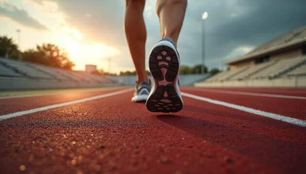 Sport shoes on stadium treadmill. Man runs along red track. Athlete trains, works out for marathon. Healthy lifestyle athletic foot action. Fitness exercise activity on open area for wellness.