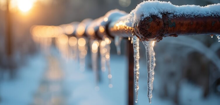 Icicles hang from pipe after freezing rainstorm. Snow sits on top of rustic brown metallic tube in winter. Ice crystals shine at sunset in cold winter season. Frozen water.