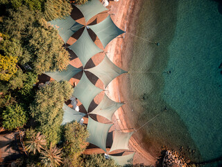 
Aerial View of the Shaded Beach Area at Dolphin Reef, Eilat, Israel &ndash; Red Sea Coastline

