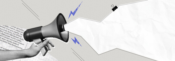 Trendy Halftone Collage Hand with Megaphone and paper cut out space for announcing promotion. Social media communication and adverting. Online news. Contemporary vector illustration art