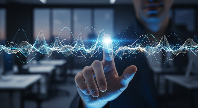 Futuristic technology interface with glowing data streams as a hand interacts with digital waveforms, visualizing information flow and innovation.