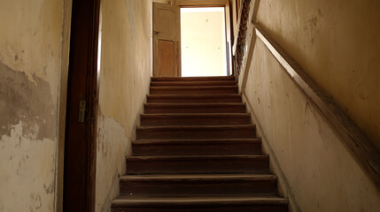 An indoor view presents a staircase leading towards an open door. The structure shows age, with visible wear on the steps and walls, giving a sense of history and timelessness.