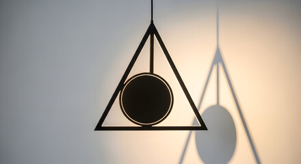 Modern geometric pendant light casts dramatic shadow, creating a sophisticated ambiance in a minimalist interior design setting.