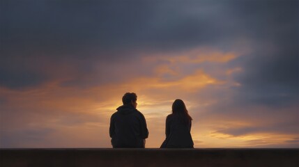 Obraz premium A couple sits in silhouette watching a dramatic sunset with colorful clouds at dusk