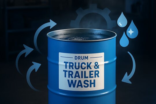 Truck Wash Fluid Drum in Workshop with Infographic Elements