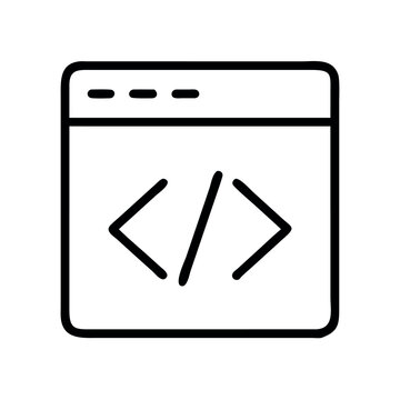 Simple line art icon representing a web browser window with code symbols