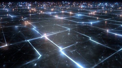 Futuristic Network Grid with Glowing Blue Lines and Orange Nodes on Dark Surface