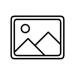 Simple line art icon representing a landscape with mountains and sun in a rectangle frame