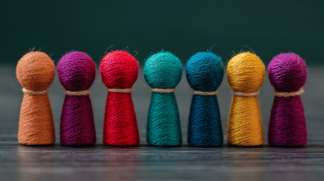 Colorful thread figurines arranged in a row, showcasing a variety of vibrant hues against a dark backdrop, emphasizing creativity and craft.