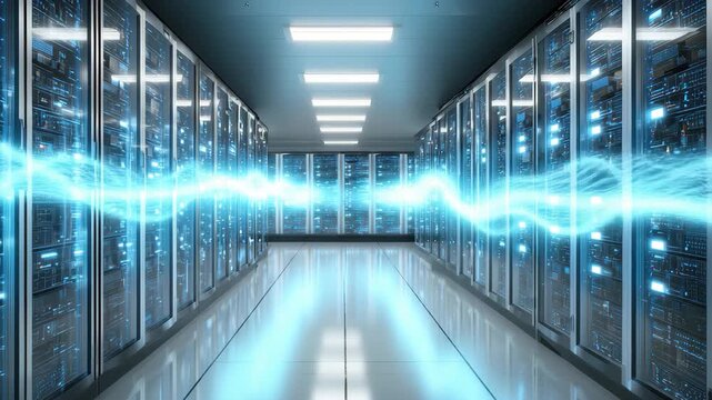 High-tech data center server room filled with advanced IT infrastructure and illuminated by smooth LED lighting - Powered by Adobe