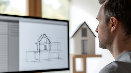 Architect working on a new home design. He is looking at the screen, which displays a sketch of a house. A model of the home sits in the background. Creating the blueprint for the future.
