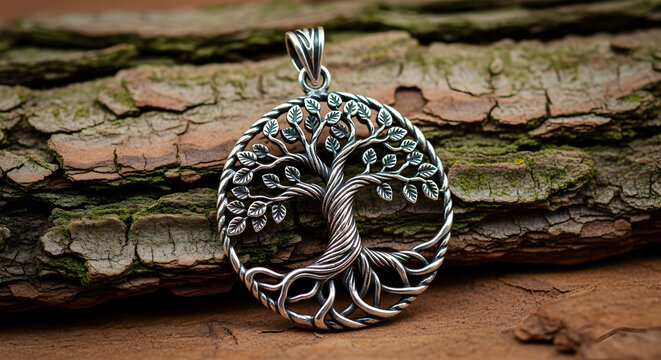 Stunning silver tree of life pendant intricately detailed against rustic bark, symbolizing growth and connection