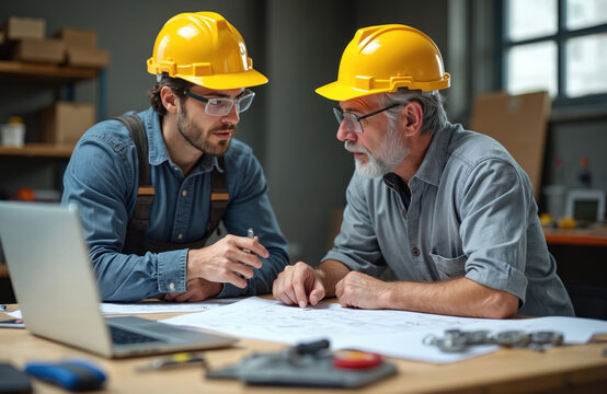 Engineer shares idea with foreman in workshop. Men in hard hats examine blueprint and laptop. Team plans project, discussing details at table.