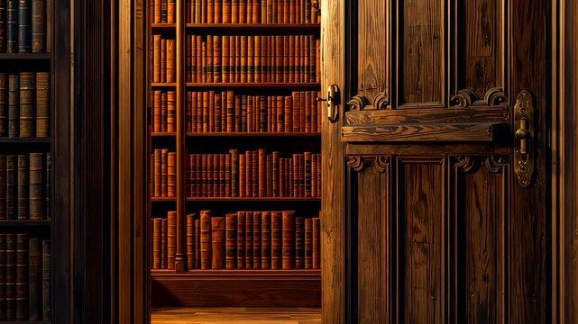 Open wooden door revealing vintage library with shelves of old books under warm light, classic interior with antique knowledge atmosphere