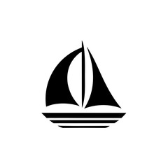 Simple black and white sailboat with striped hull on transparent background