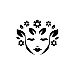 Stylized face with flowers and leaves in black outline on transparent background