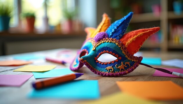 Colorful handcrafted carnival mask rests on wooden table. Surrounding colorful notes and pens add creative playful vibes. This photo is ideal for artistic projects celebrating Mardi Gras event.