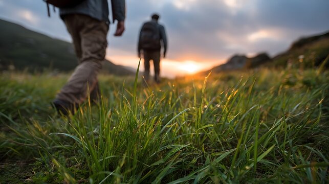 Hikers trek through a dew covered meadow at sunrise with the sun casting golden light over mountains