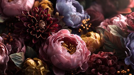Moody floral arrangement showcasing peonies and dahlias in various shades of pink and purple.