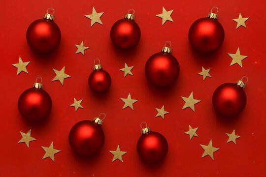 Elegant flat lay of red Christmas balls and golden stars on red background, festive composition in classic holiday colors